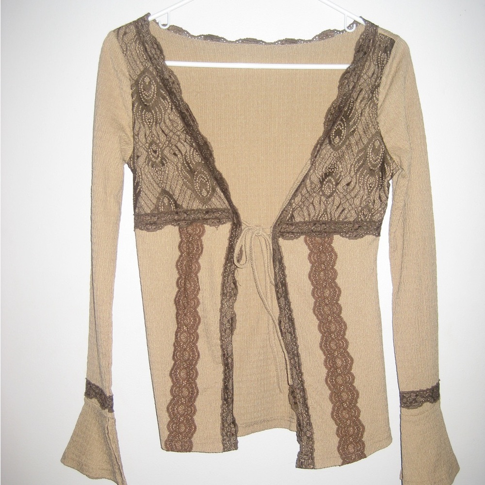 Beige Knit Lace-Trim Tie-Front Cardigan